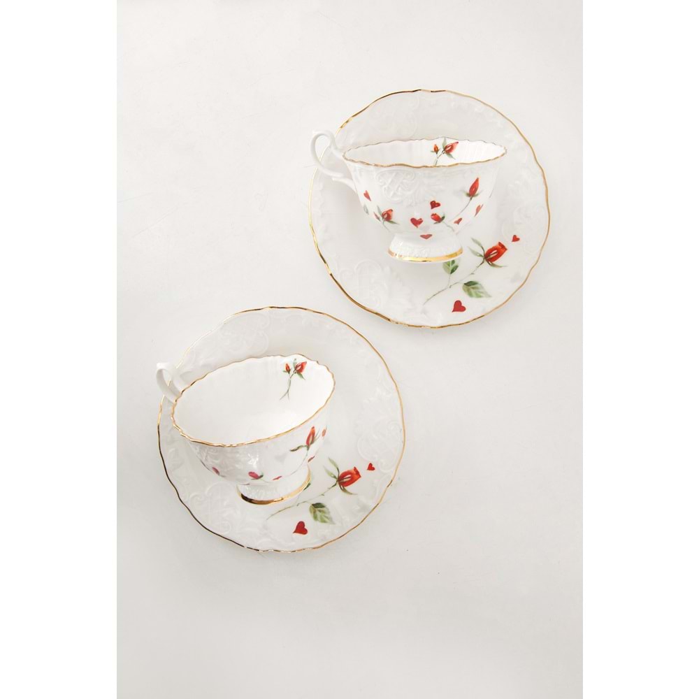 Kırmızı gül altın yaldızlı bone 2 kişilik çay fincan takımı
