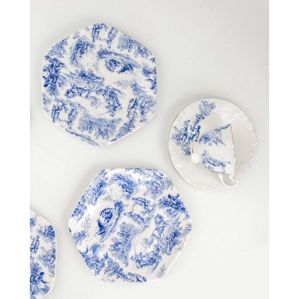 Mavi İngiliz 4 parça porselen tatlı/kurabiye tabağı