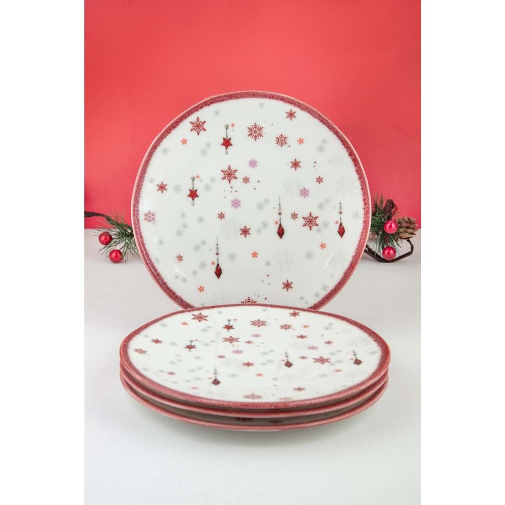 Christmas carol kırmızı kenarlı 4 parça porselen pasta tabağı