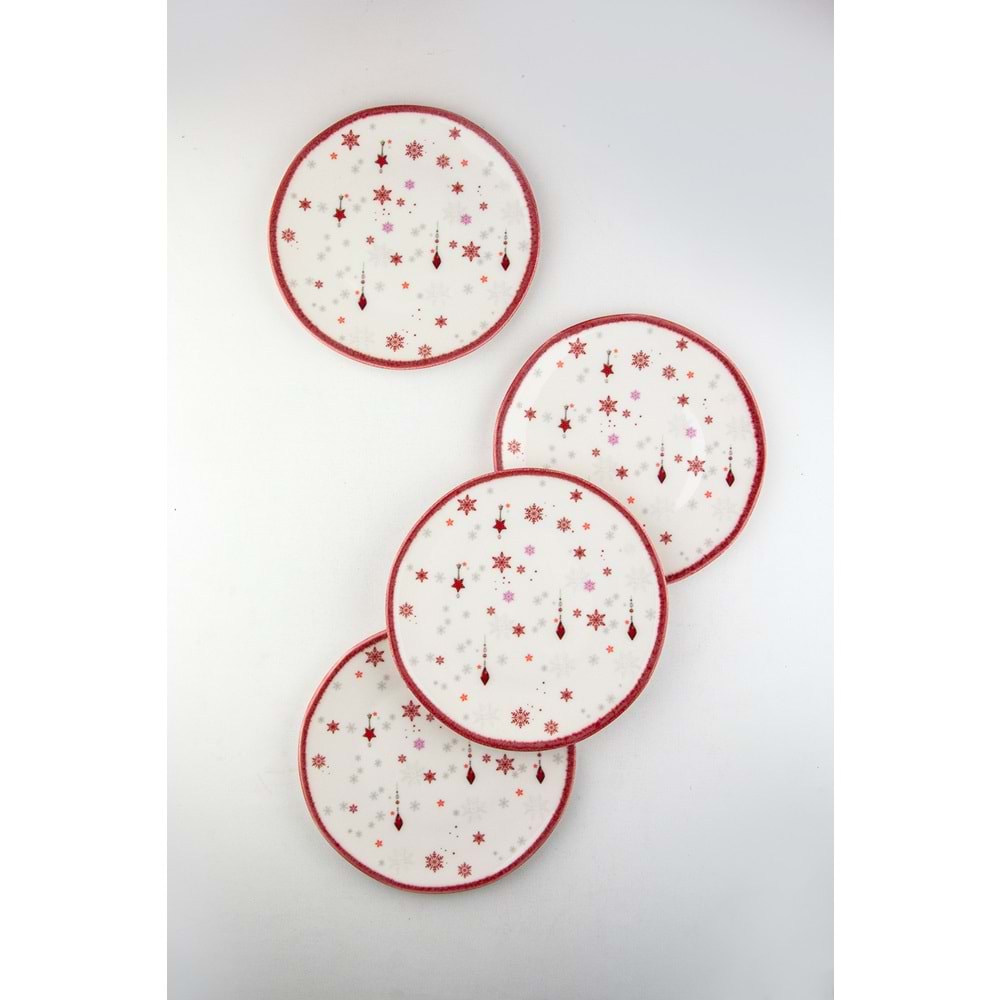 Christmas carol kırmızı kenarlı 4 parça porselen pasta tabağı