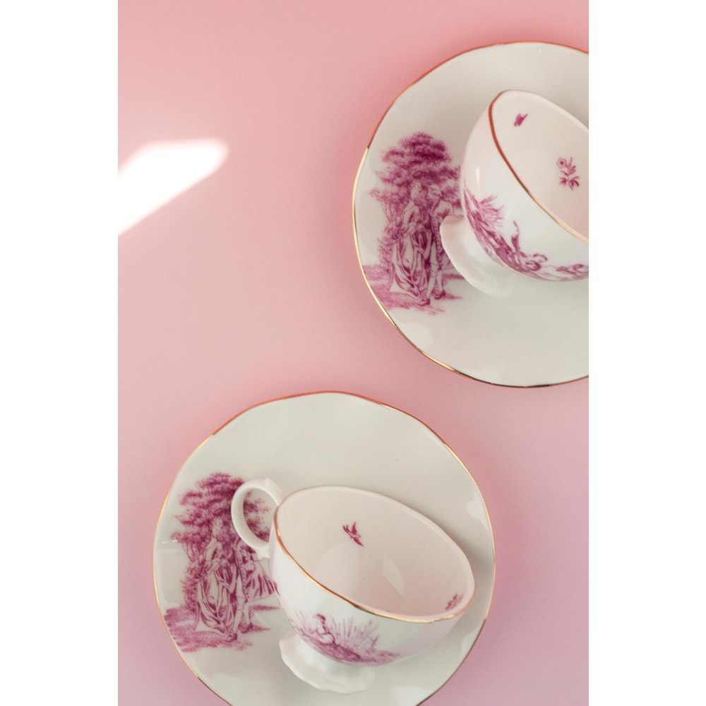Royal pembe altın yaldızlı 2 kişilik kahve fincan takımı