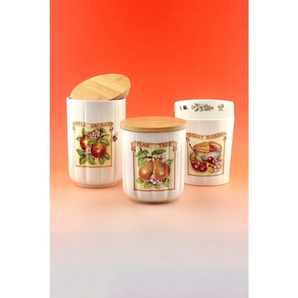 Pear tree 3 lü ahşap vakumlu kapaklı porselen baharatlık & kaşıklık
