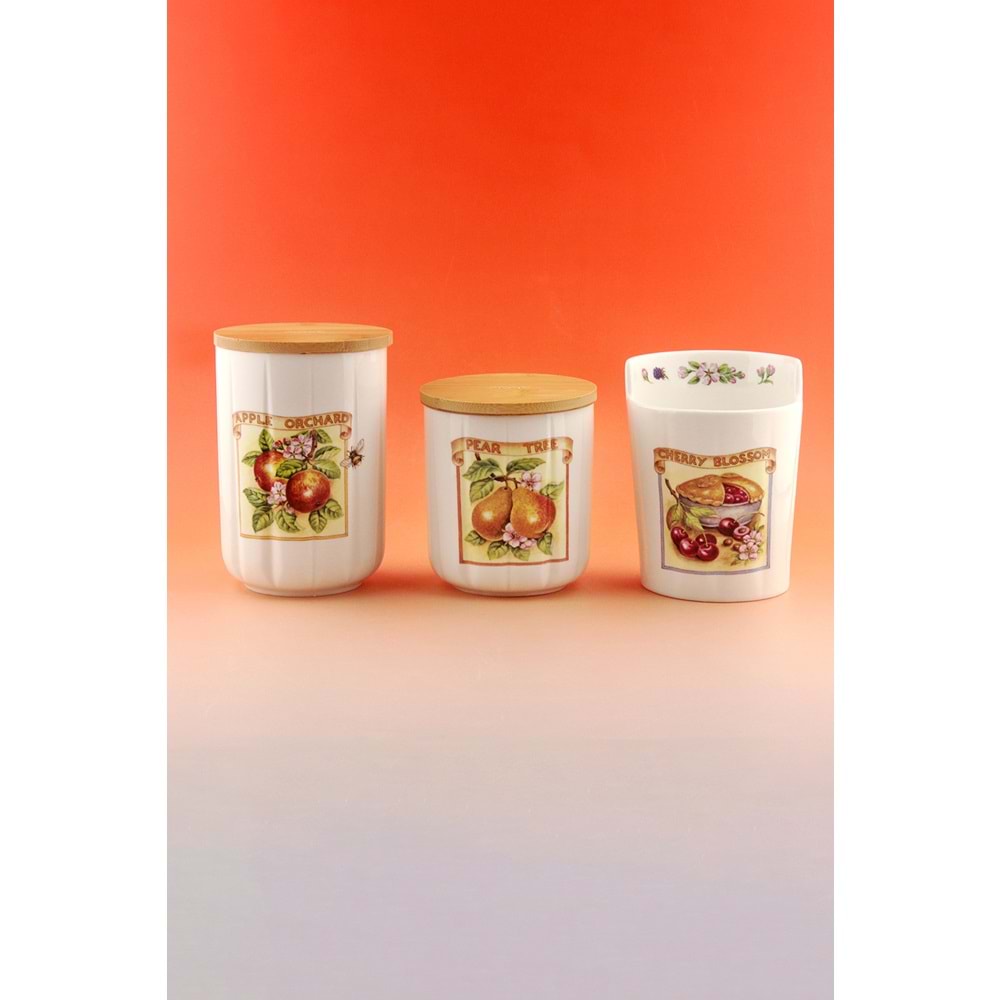 Pear tree 3 lü ahşap vakumlu kapaklı porselen baharatlık & kaşıklık