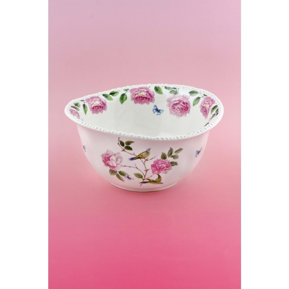 İnci serisi pembe gül ve kuş porselen salata kasesi