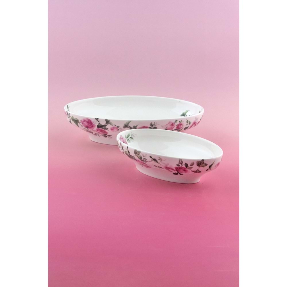 Pink ivy rose 2 boy porselen derin kayık tabak