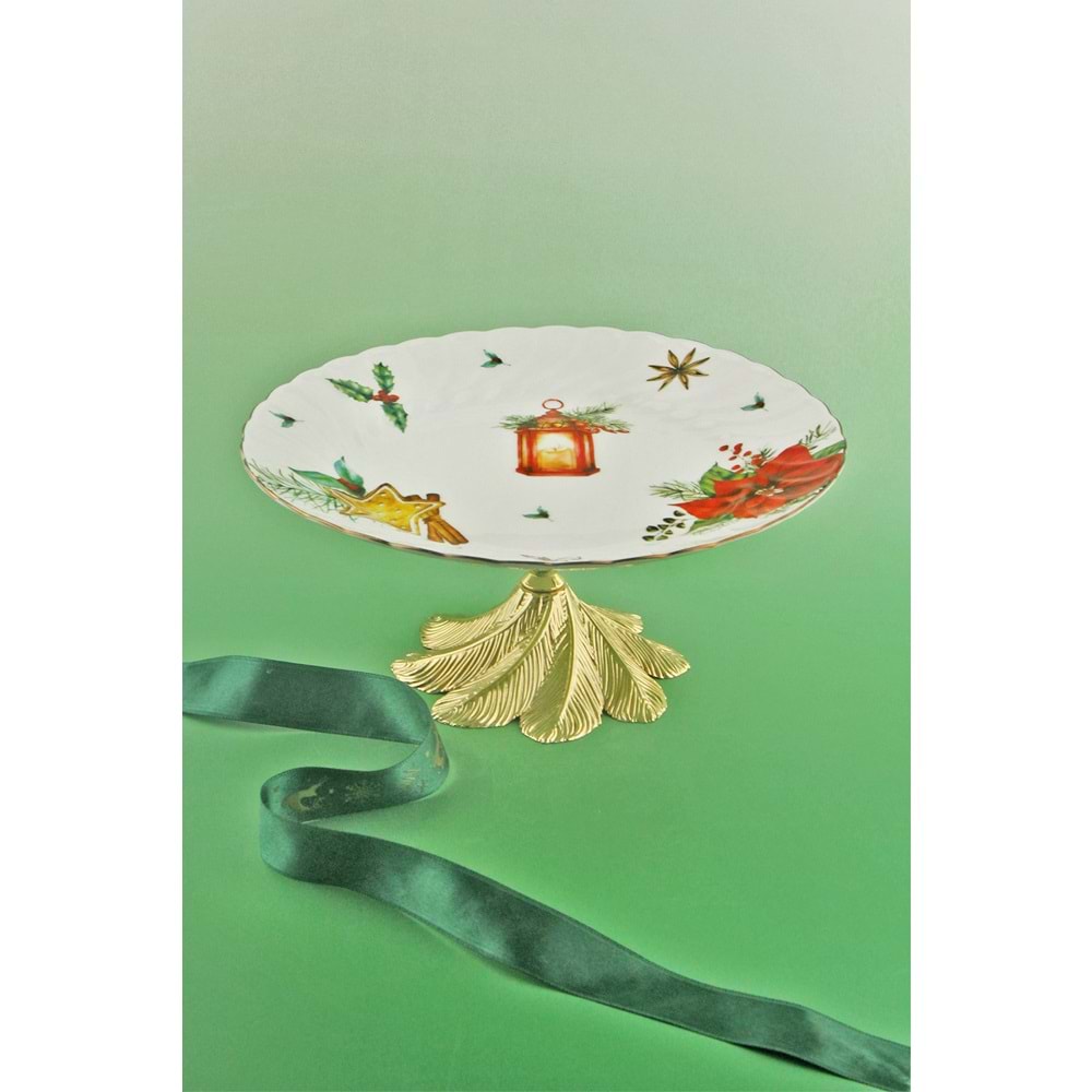 Christmas candle gold metal ayaklı tabak