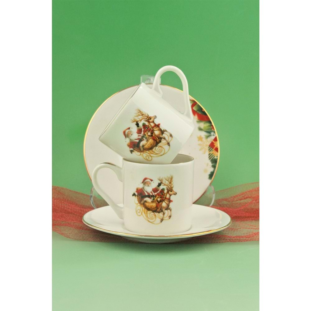 Christmas reindeer altın yaldızlı iki kişilik kahve fincan takımı