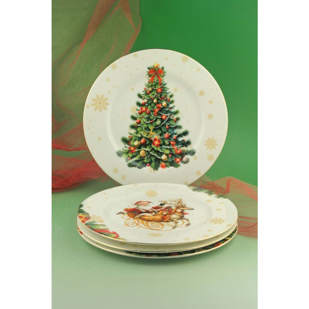 New christmas altın yaldızlı 4 parça porselen pasta tabağı
