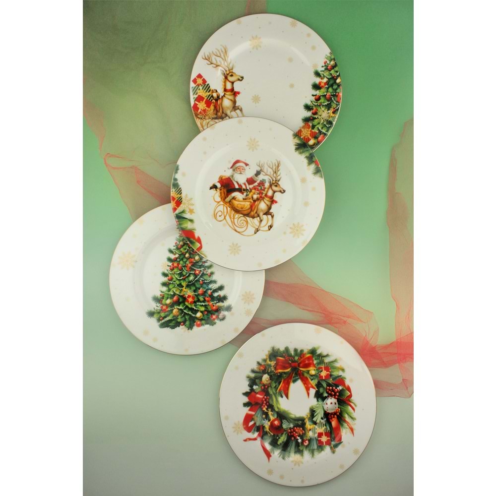 New christmas altın yaldızlı 4 parça porselen pasta tabağı