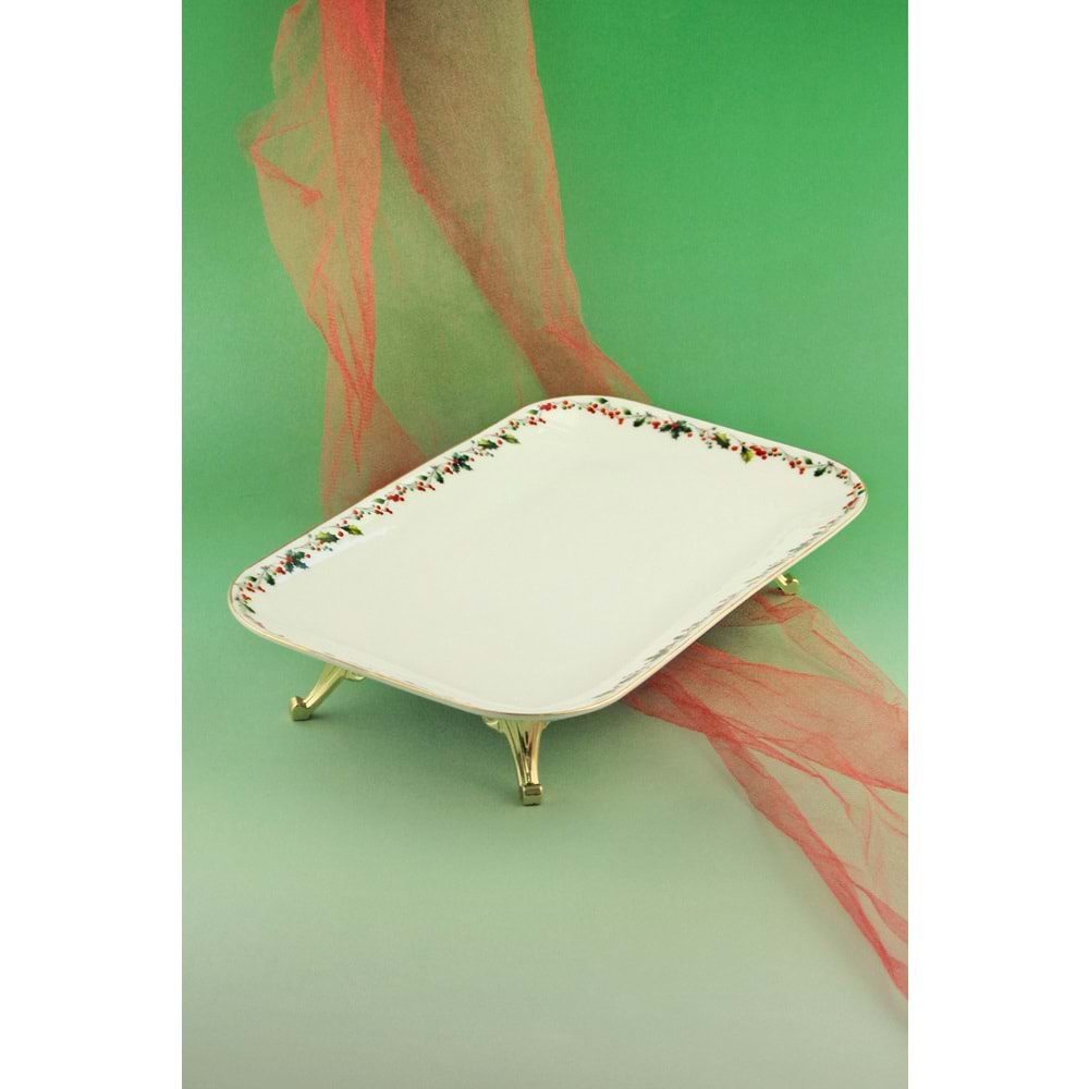 Christmas gold metal ayaklı porselen tepsi