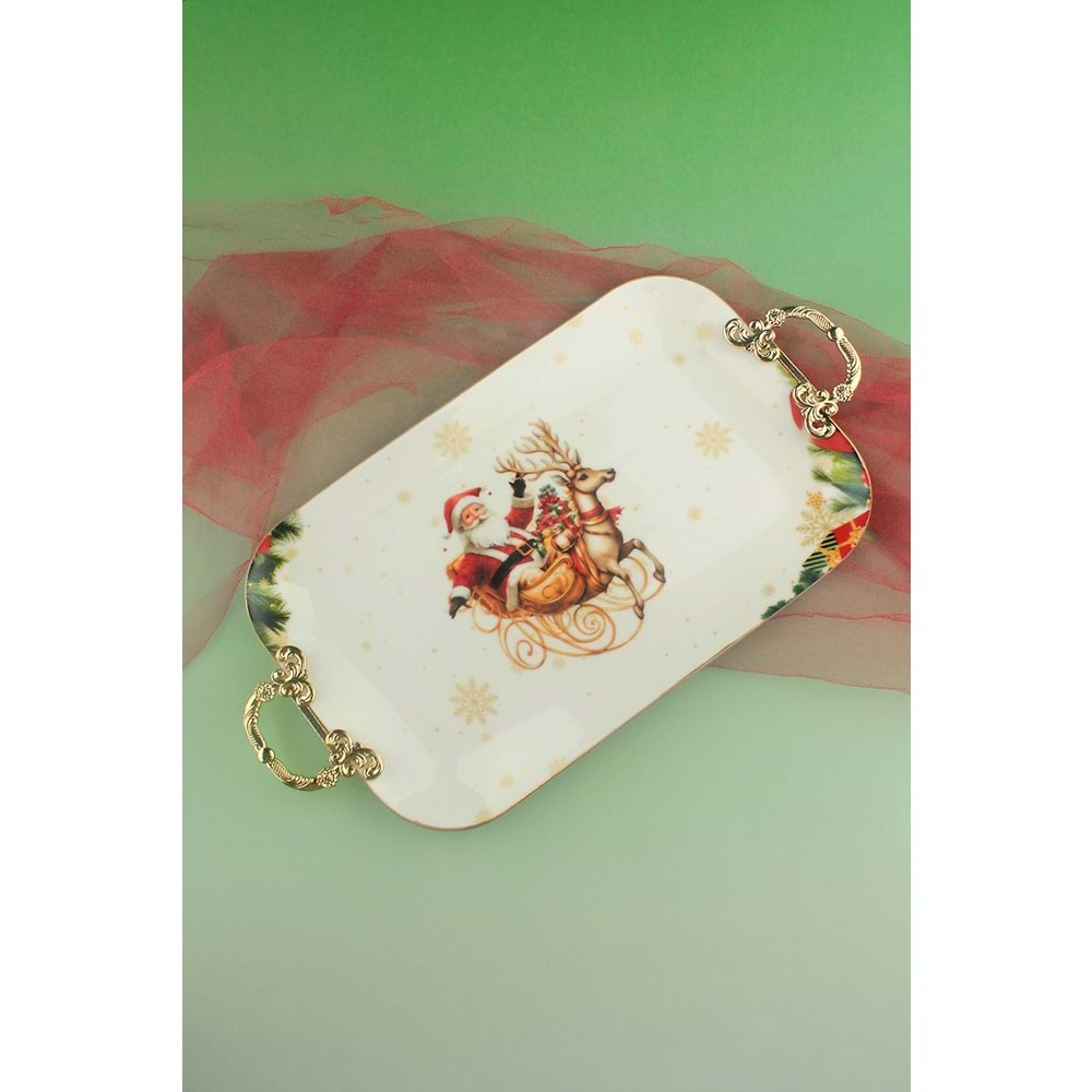 Christmas reindeer gold metal saplı porselen tepsi