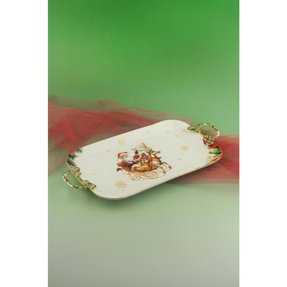 Christmas reindeer gold metal saplı porselen tepsi