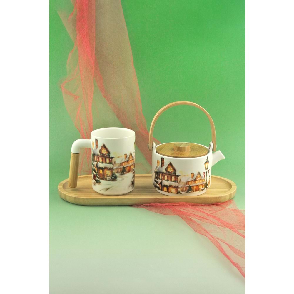 Christmas village bambu tepsili porselen çay demlik seti