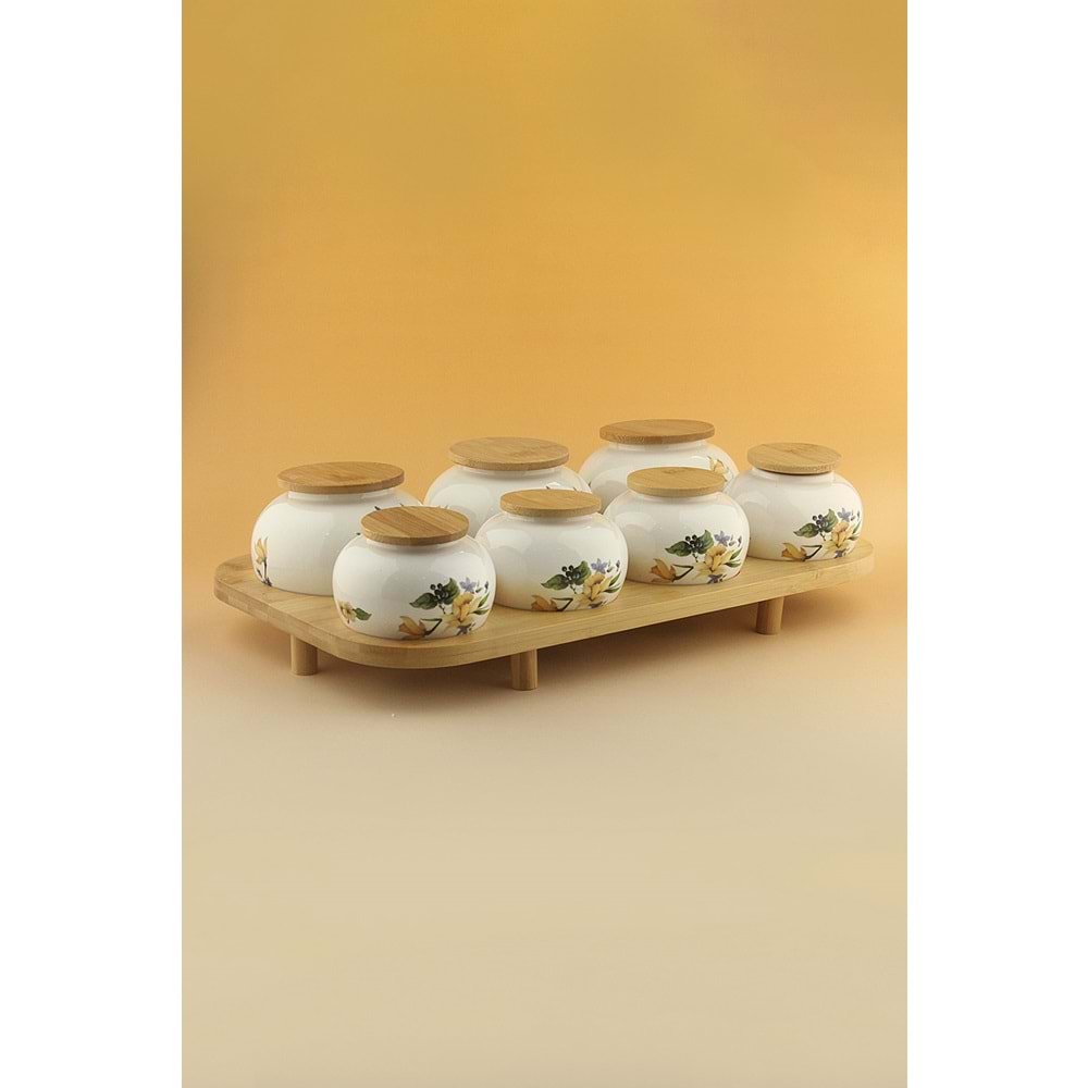 Veloria bambu standlı 7 li porselen baharatlık