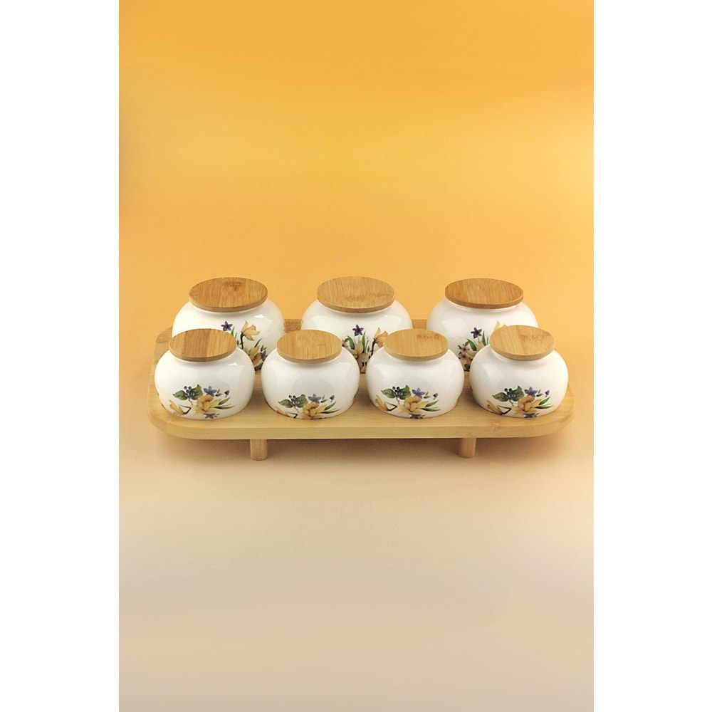 Veloria bambu standlı 7 li porselen baharatlık