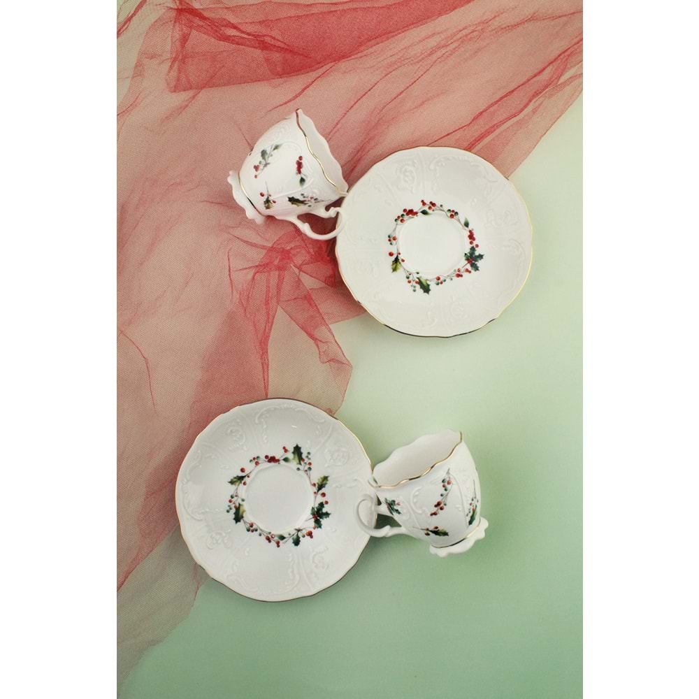 Christmas altın yaldızlı 2 kişilik porselen kahve fincan takımı