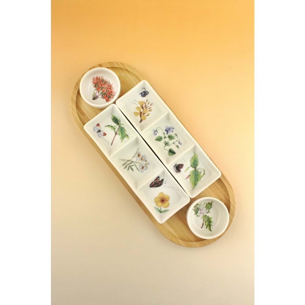 Botanik bambu standlı porselen sosluk seti