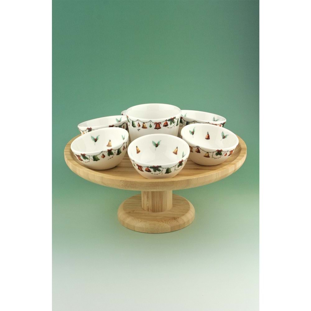 Christmas bells bambu tepsili & ayaklı porselen çerezlik seti