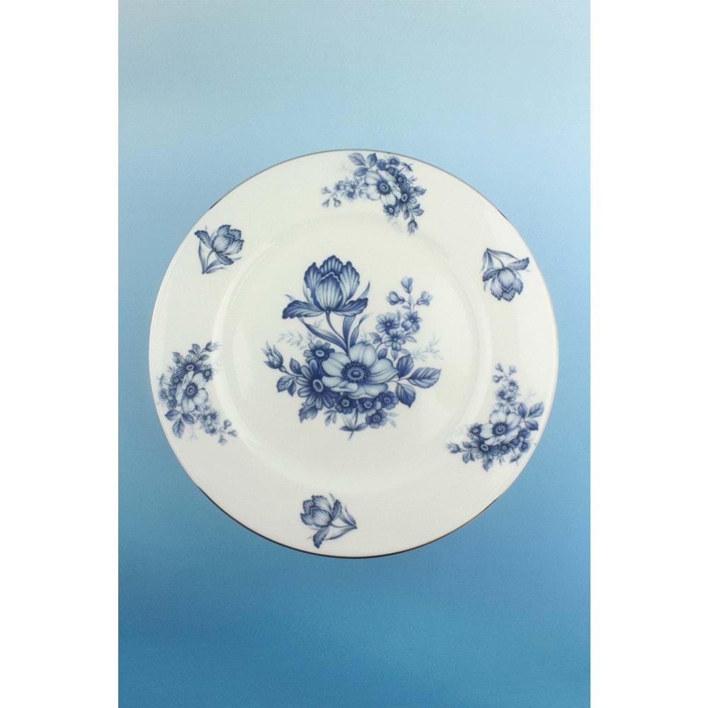 Blue flowers gümüş metal ayaklı tabak