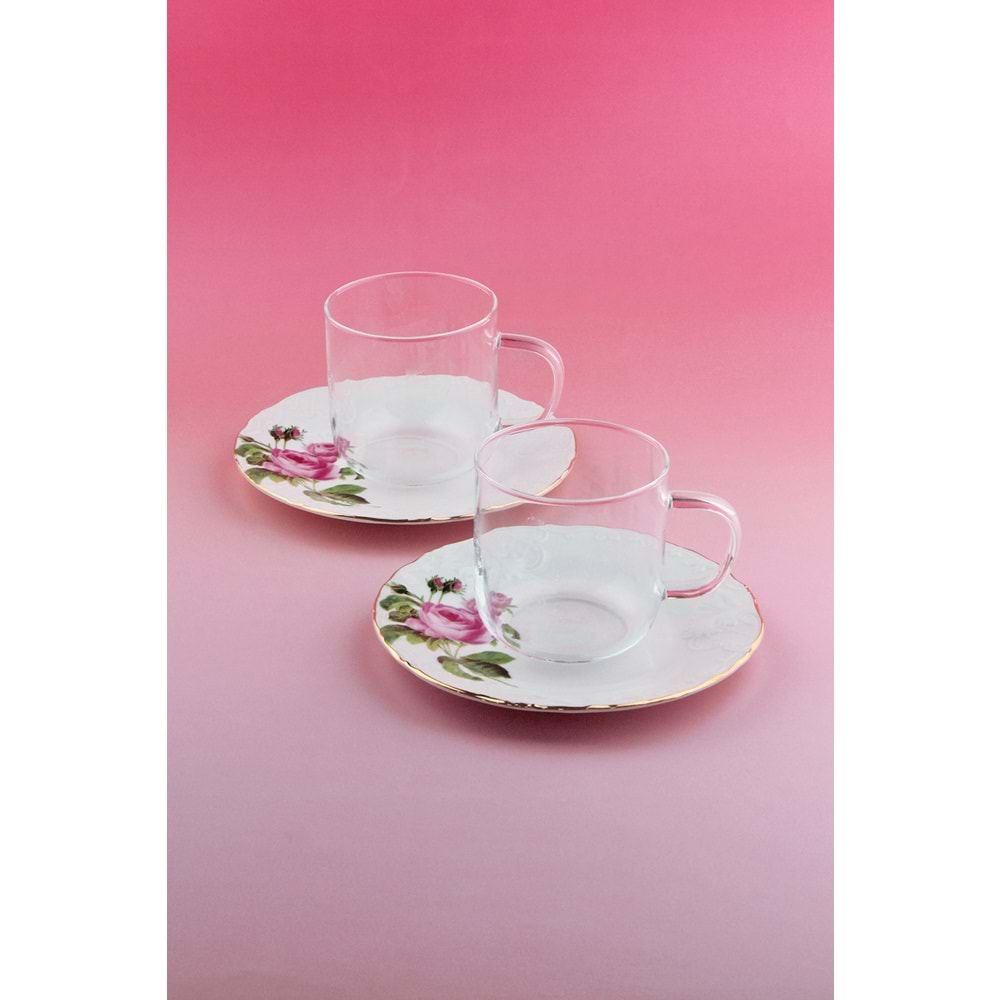 Pembe gül iki kişilik çay kupa takımı