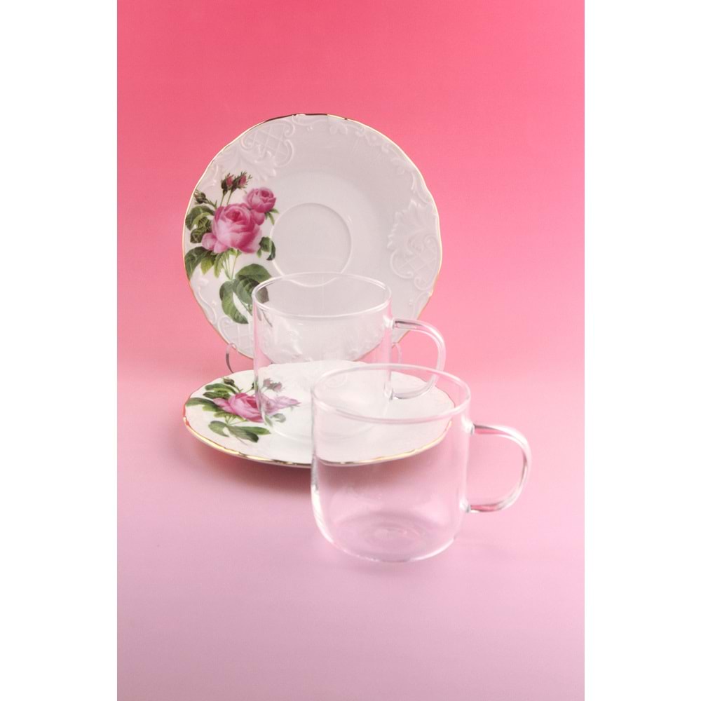Pembe gül iki kişilik çay kupa takımı