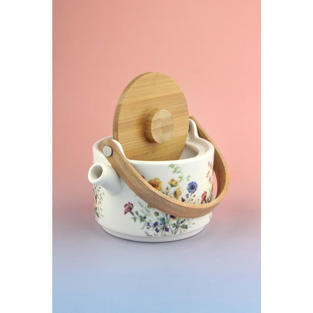 Flower bambu kapaklı mini porselen demlik