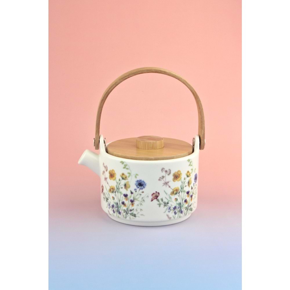 Flower bambu kapaklı mini porselen demlik