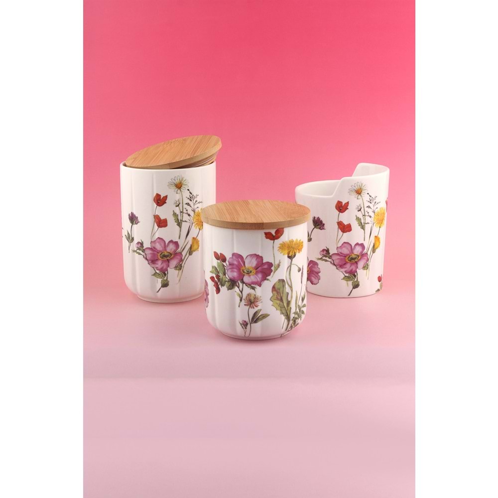 Meadow 3 lü ahşap vakumlu kapaklı porselen baharatlık & kaşıklık