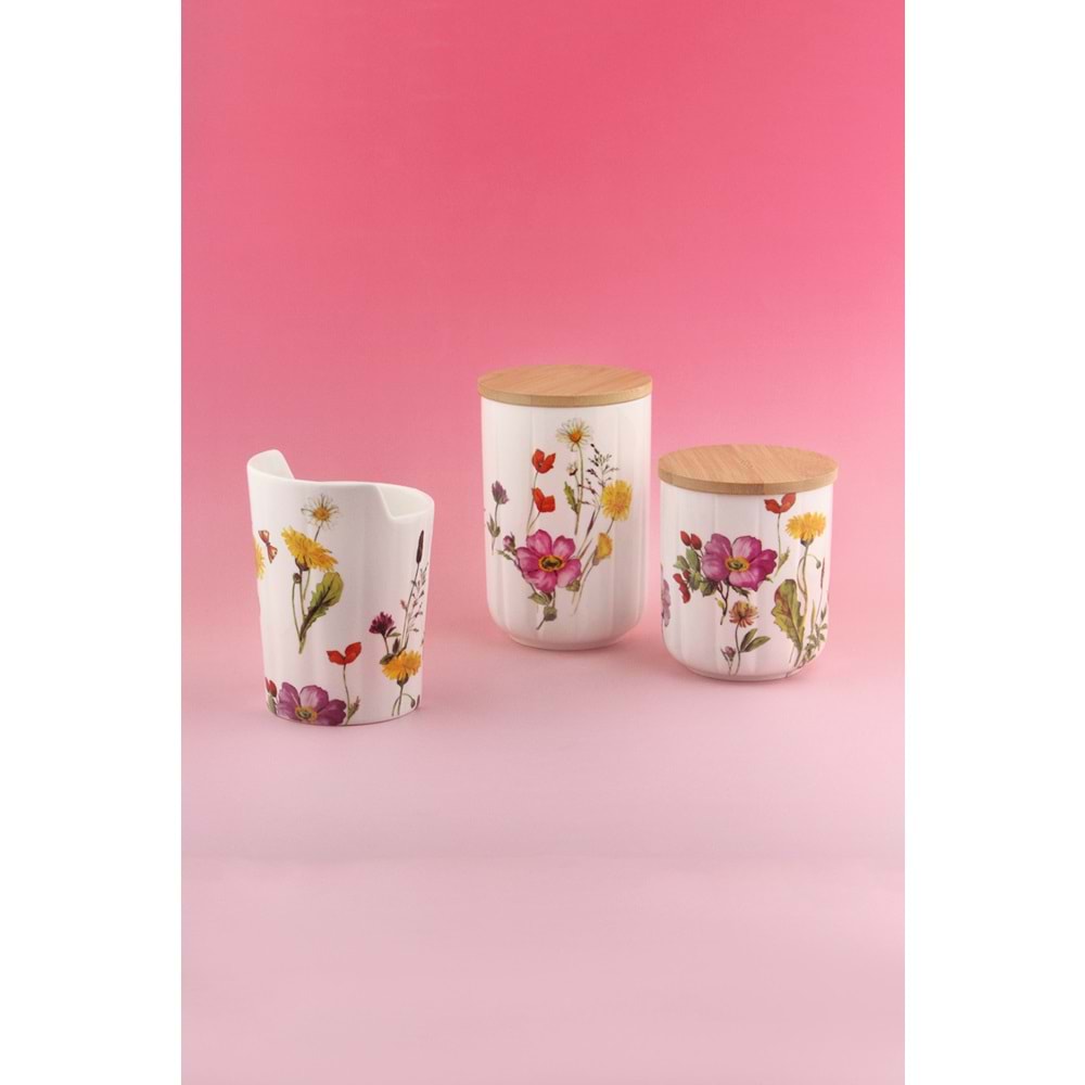 Meadow 3 lü ahşap vakumlu kapaklı porselen baharatlık & kaşıklık