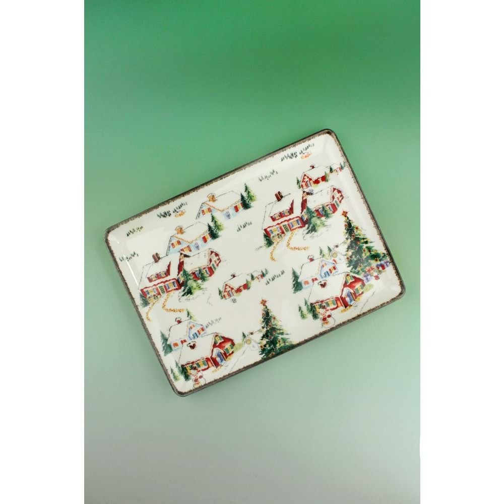 Retro snowy village porselen tepsi