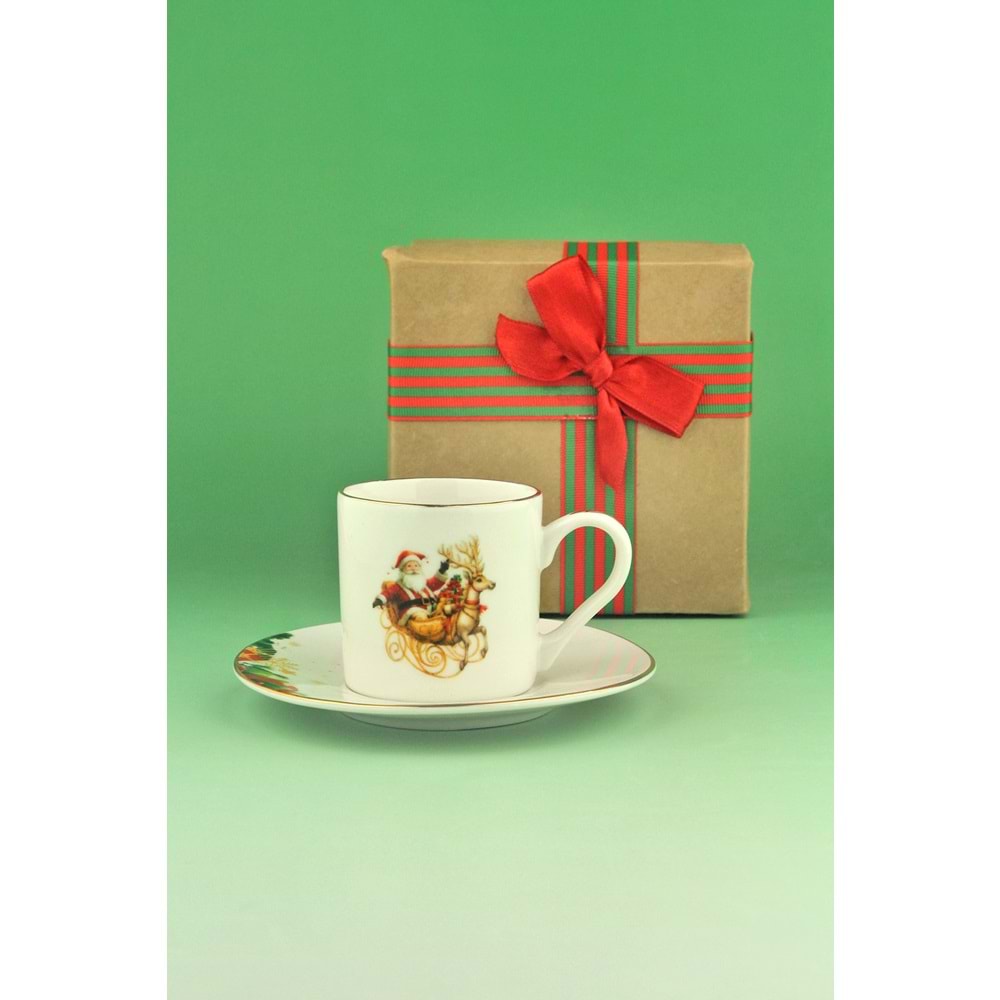 Christmas reindeer tek kişilik porselen kahve fincan takımı yılbaşı hediye kutulu