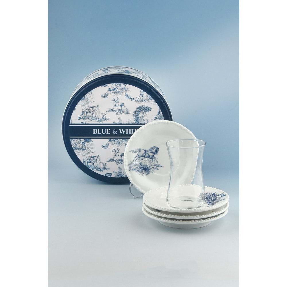 İnci serisi mavi İngiliz 4 kişilik porselen çay takımı & metal kutulu