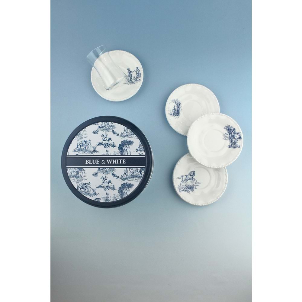 İnci serisi mavi İngiliz 4 kişilik porselen çay takımı & metal kutulu