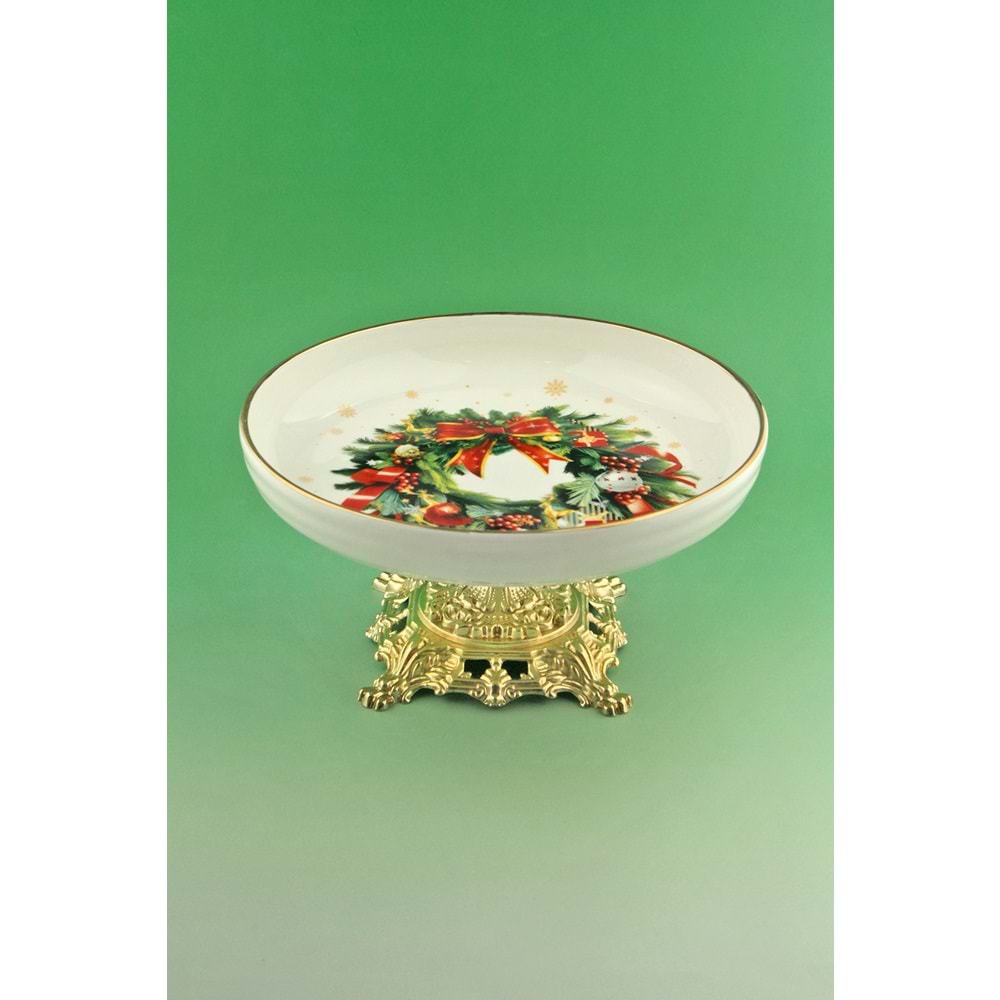 Christmas wreath gold metal ayaklı tabak