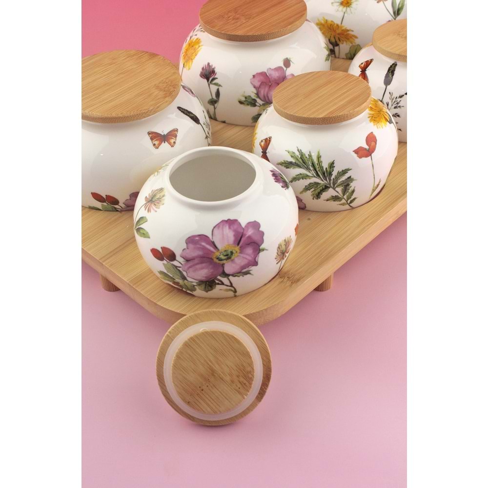 Meadow bambu standlı 7 li porselen baharatlık