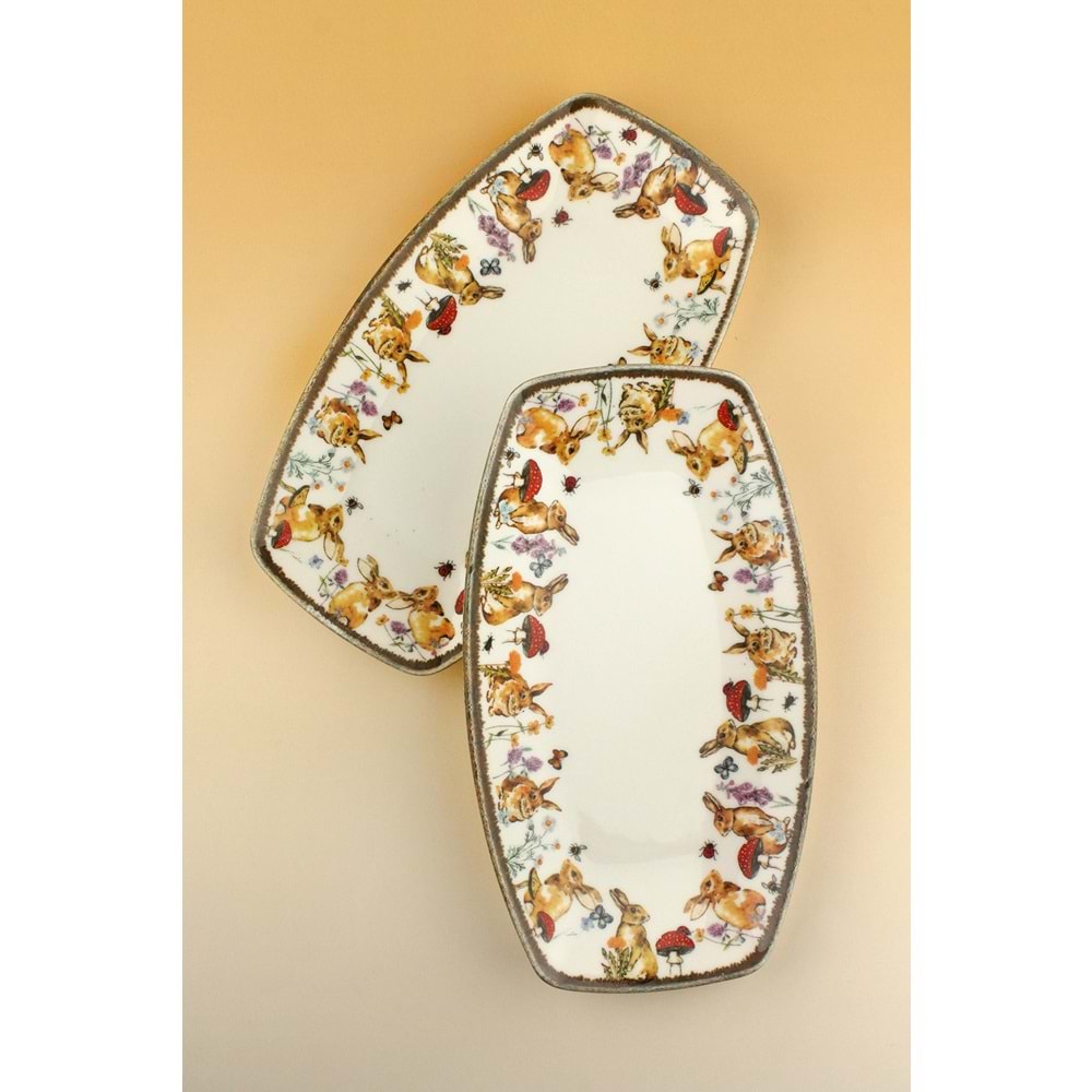 Retro tavşan 2 adet orta boy porselen kayık tabak