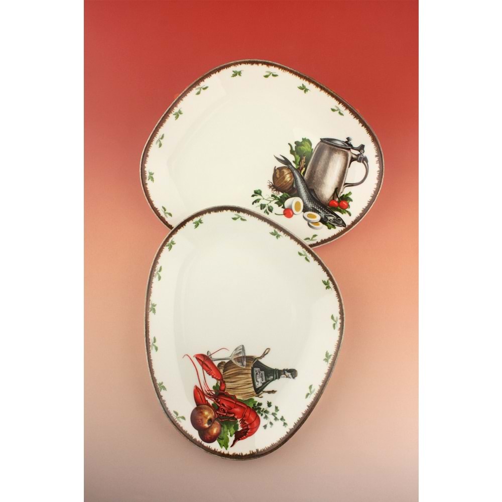 Retro lobster & fish porselen 2 adet servis/sunum tabağı