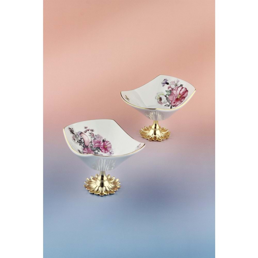 Peony 2 adet altın yaldızlı metal ayaklı porselen çerezlik