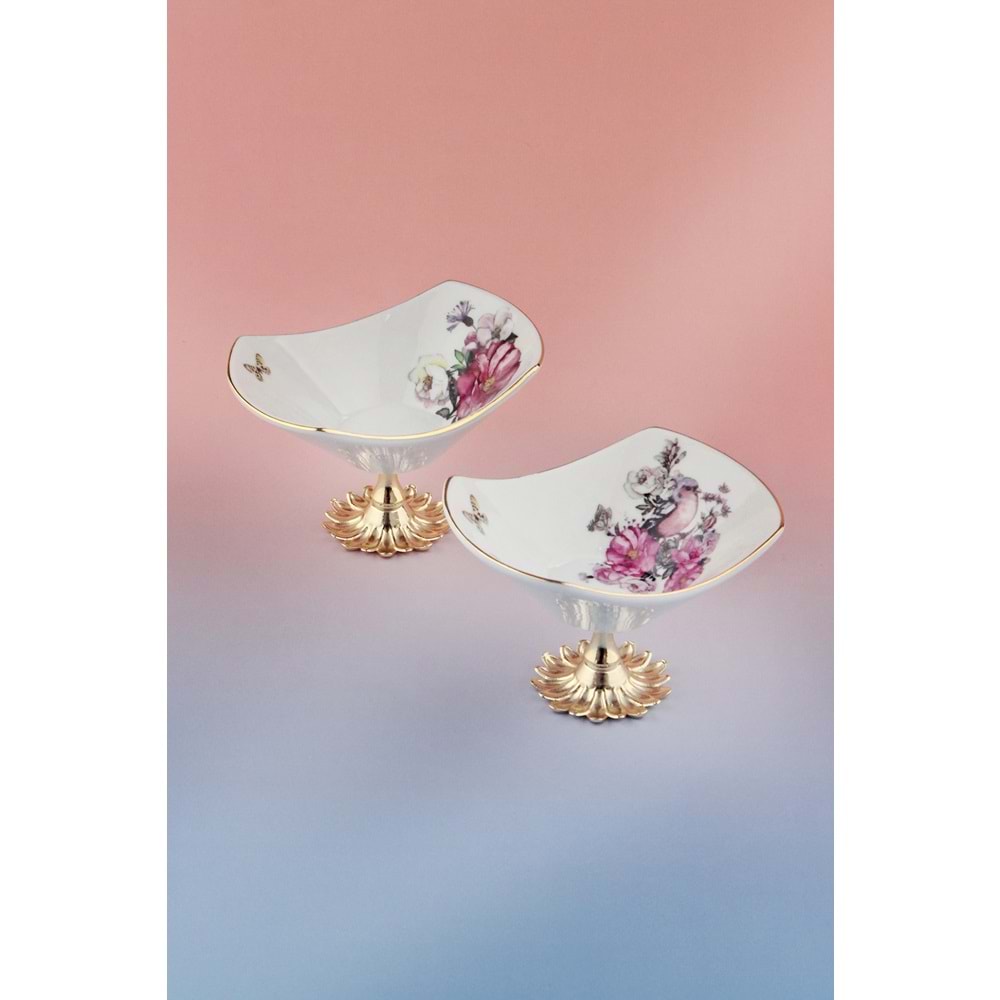 Peony 2 adet altın yaldızlı metal ayaklı porselen çerezlik