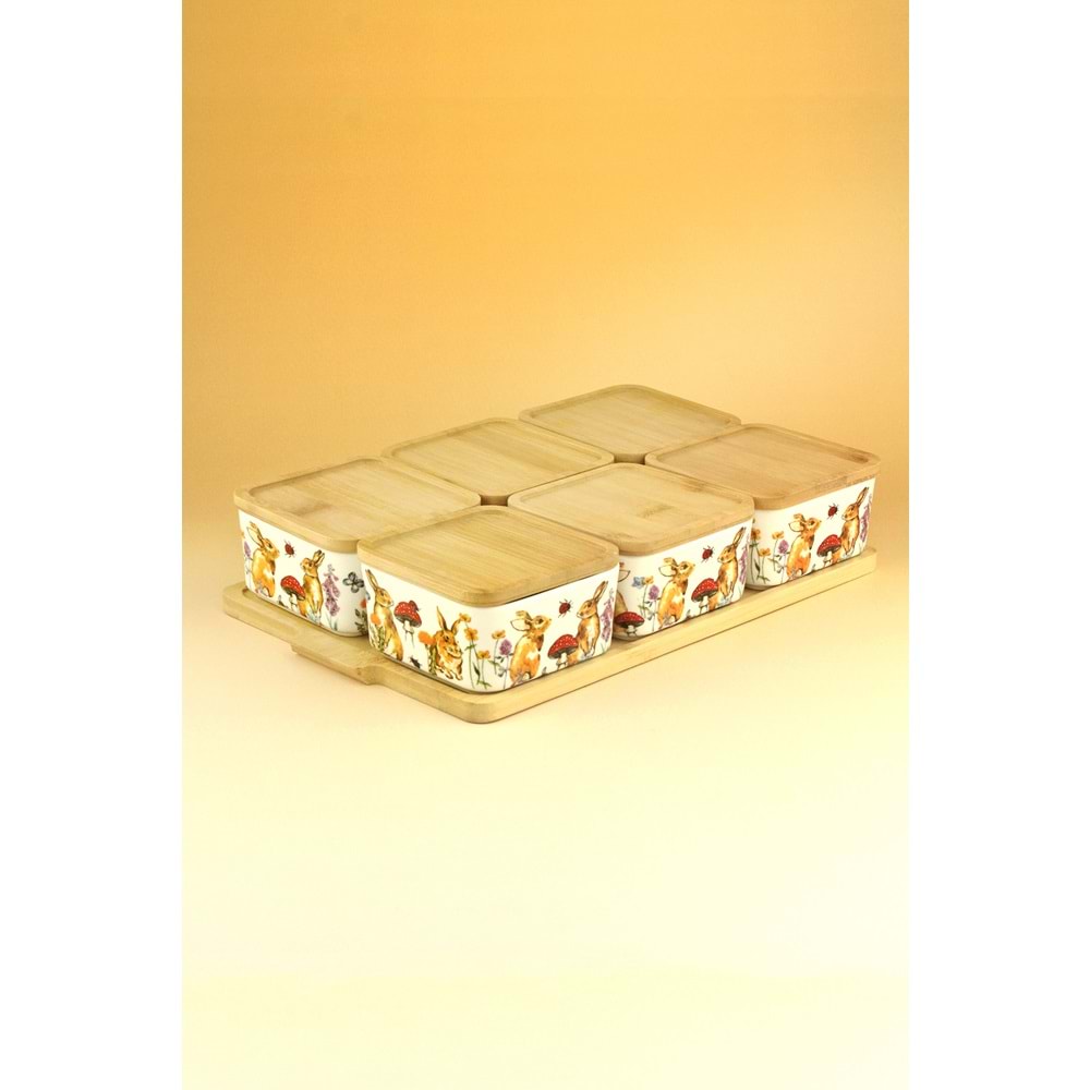 Retro tavşan 6 lı bambu kapaklı porselen kahvaltılık
