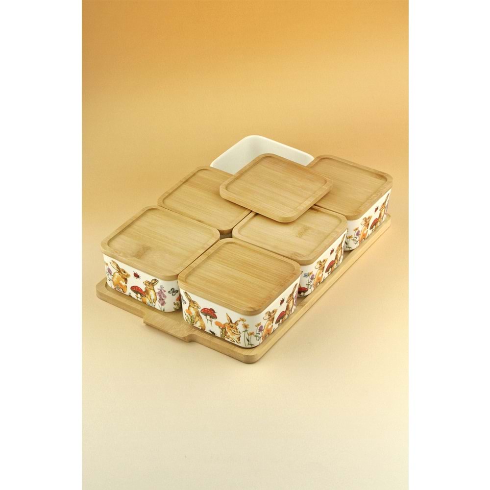 Retro tavşan 6 lı bambu kapaklı porselen kahvaltılık