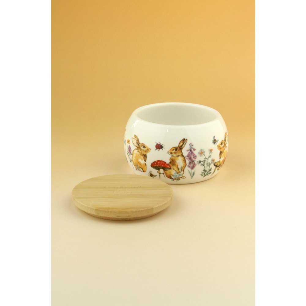 Retro tavşan bambu kapaklı porselen saklama kabı