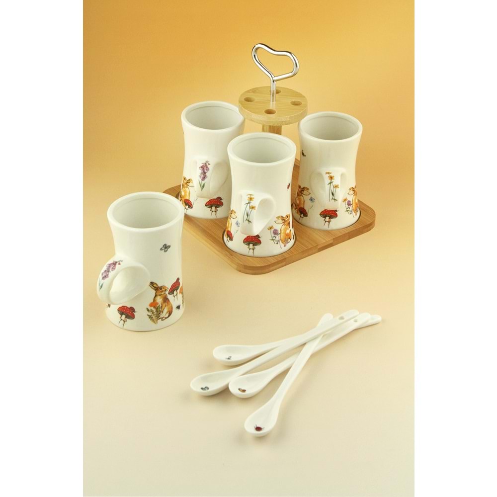 Retro tavşan bambu standlı porselen kupa takımı