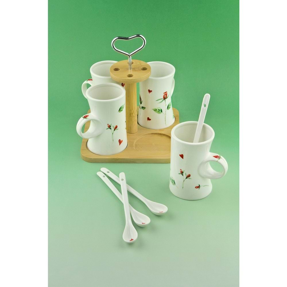 Kırmızı gül bambu standlı porselen kupa takımı