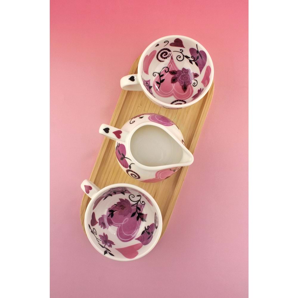 Pink hearts bambu tepsili porselen çay seti
