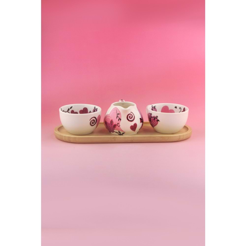 Pink hearts bambu tepsili porselen çay seti