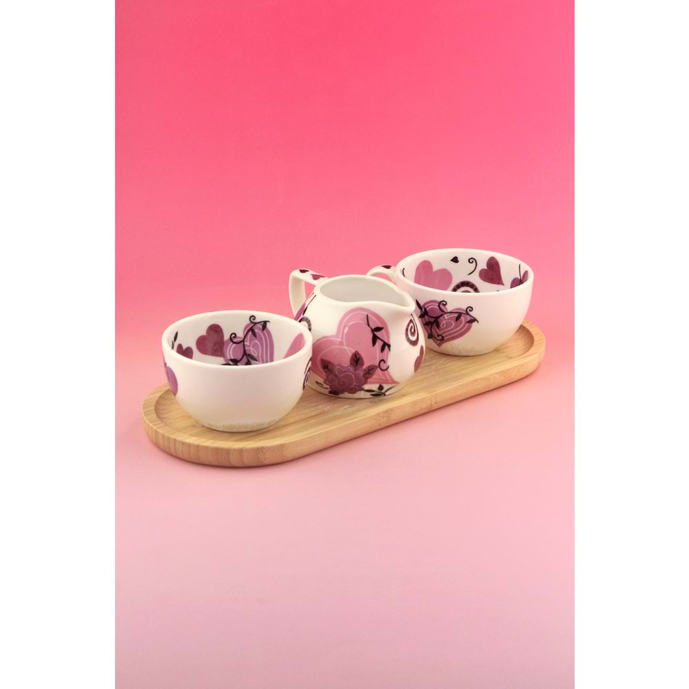 Pink hearts bambu tepsili porselen çay seti