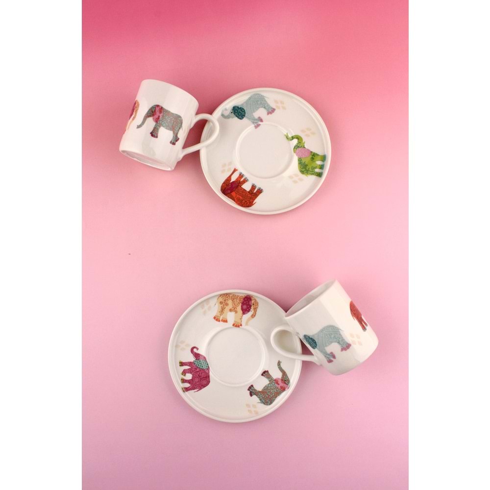 Renkli fil iki kişilik porselen kahve fincan takımı