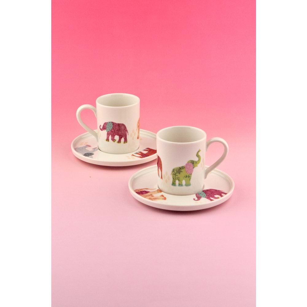 Renkli fil iki kişilik porselen kahve fincan takımı