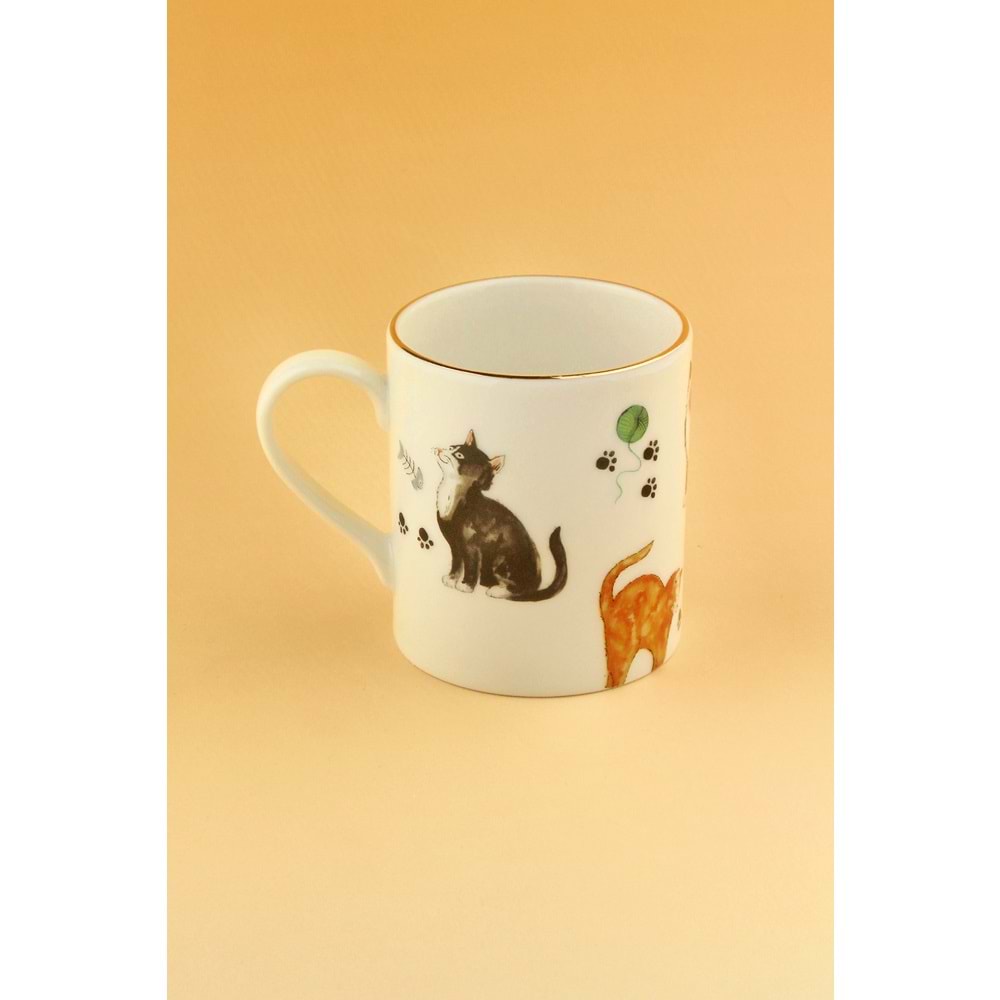 Kedicik altın yaldızlı porselen kupa